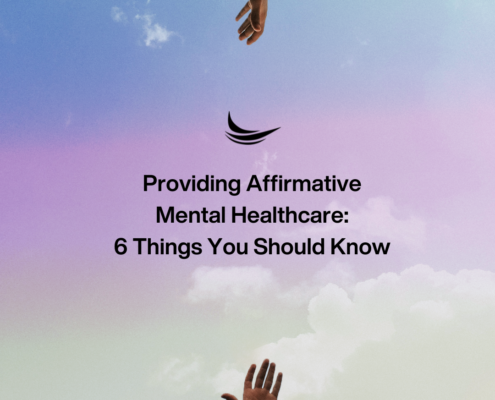 Providing Affirmative Mental Healthcare: 6 Things You Should Know blog cover photo rainbow sky with two hands reaching out